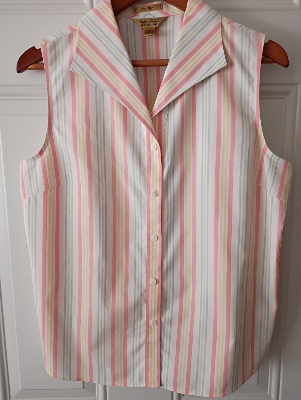 Non Iron Sleeveless Button-Front Striped Shirt in Pink, Cream & Light Blue